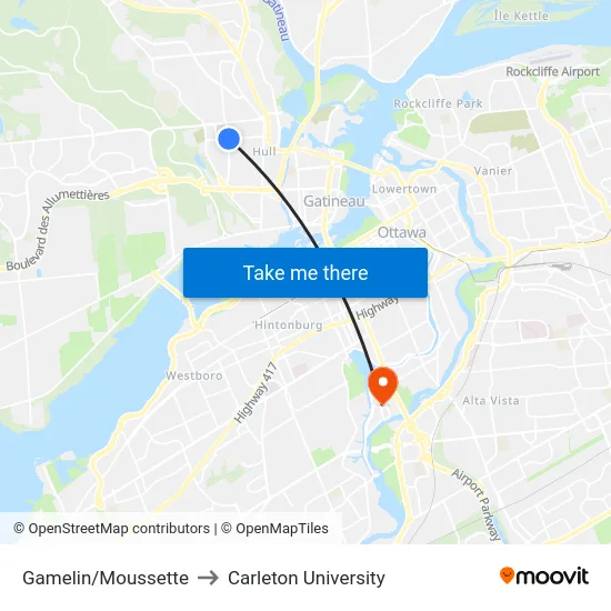 Gamelin/Moussette to Carleton University map