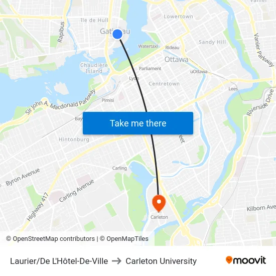 Laurier/De L'Hôtel-De-Ville to Carleton University map