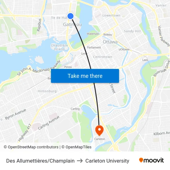 Des Allumettières/Champlain to Carleton University map