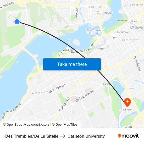Des Trembles/De La Sitelle to Carleton University map