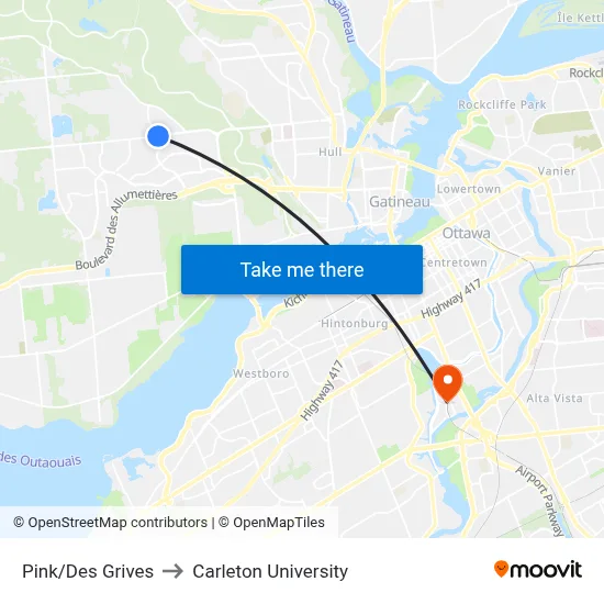Pink/Des Grives to Carleton University map