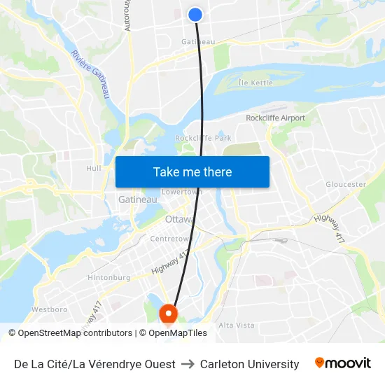 De La Cité/La Vérendrye Ouest to Carleton University map
