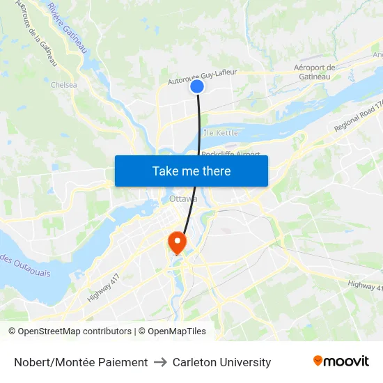 Nobert/Montée Paiement to Carleton University map