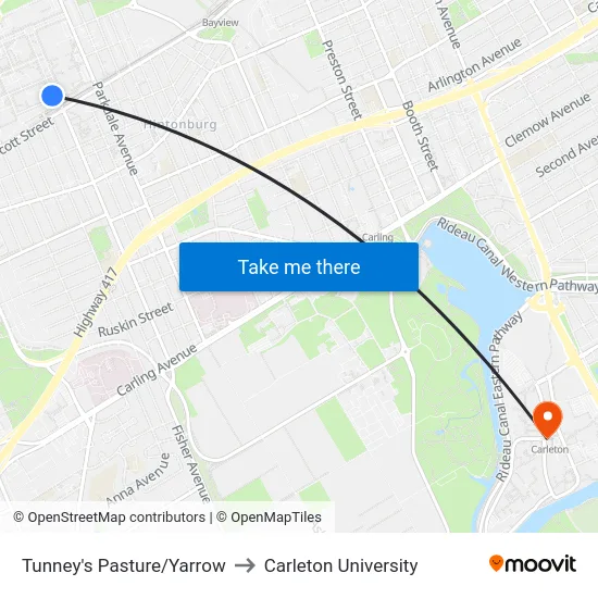 Tunney's Pasture/Yarrow to Carleton University map
