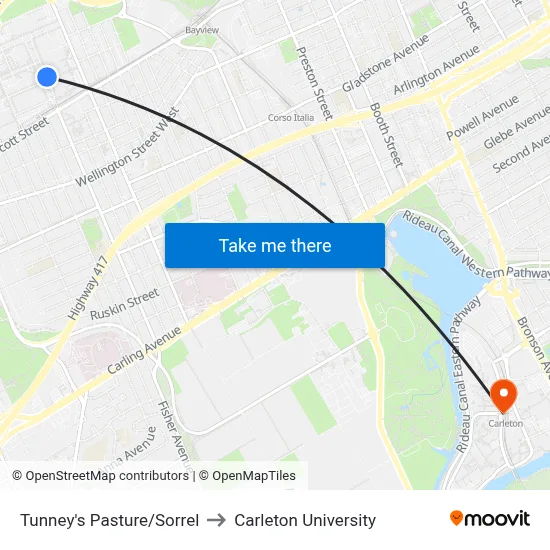 Tunney's Pasture/Sorrel to Carleton University map
