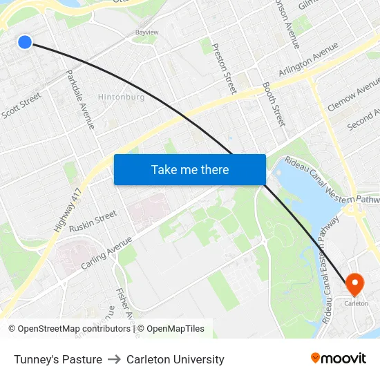 Tunney's Pasture to Carleton University map