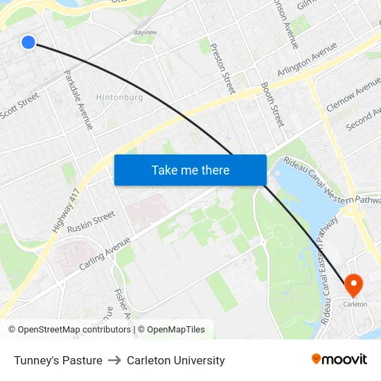 Tunney's Pasture to Carleton University map