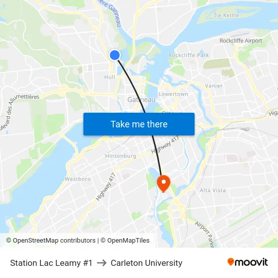 Station Lac Leamy #1 to Carleton University map