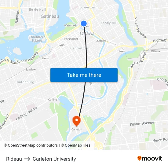 Rideau to Carleton University map