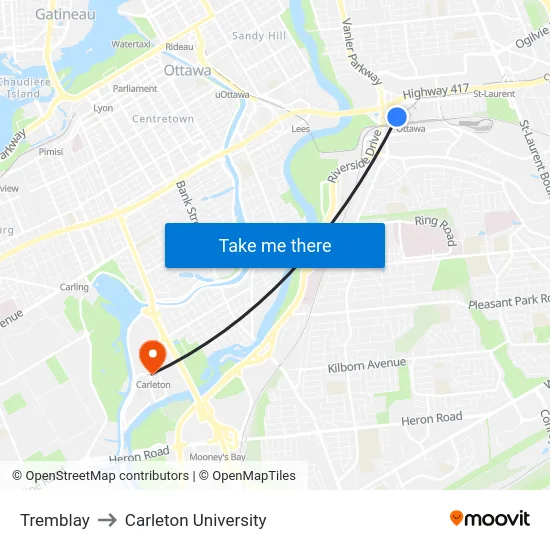 Tremblay to Carleton University map