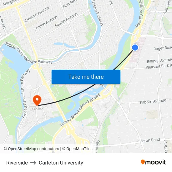 Riverside to Carleton University map