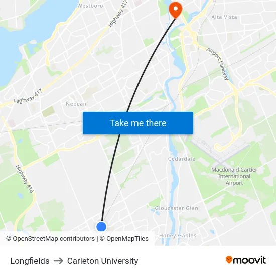 Longfields to Carleton University map