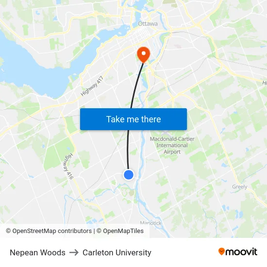Nepean Woods to Carleton University map