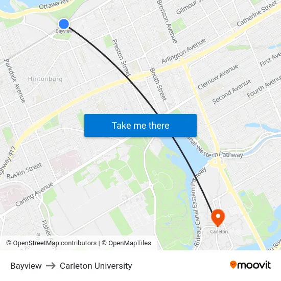 Bayview to Carleton University map