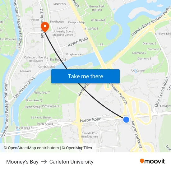 Mooney's Bay to Carleton University map