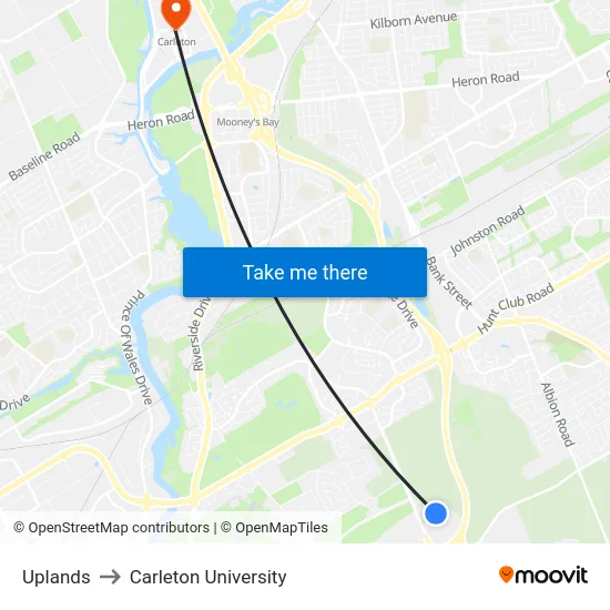 Uplands to Carleton University map
