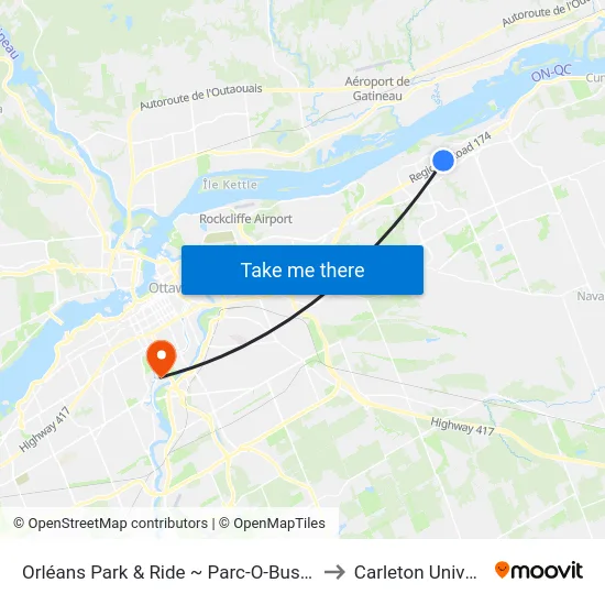 Orléans Park & Ride ~ Parc-O-Bus Orléans to Carleton University map