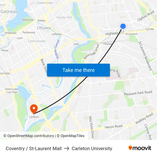 Coventry / St-Laurent Mall to Carleton University map