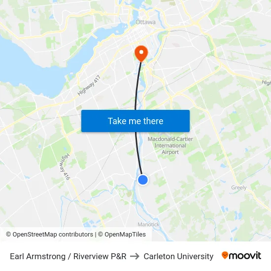Earl Armstrong / Riverview P&R to Carleton University map