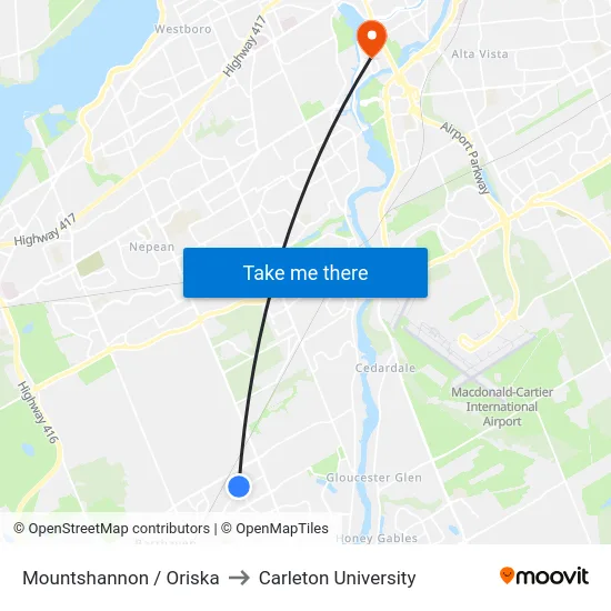 Mountshannon / Oriska to Carleton University map