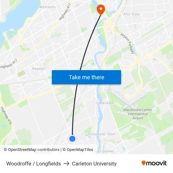 Woodroffe / Longfields to Carleton University map