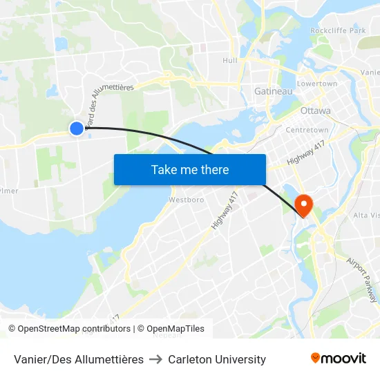 Vanier/Des Allumettières to Carleton University map