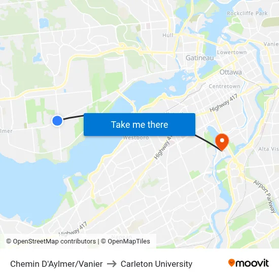 Chemin D'Aylmer/Vanier to Carleton University map