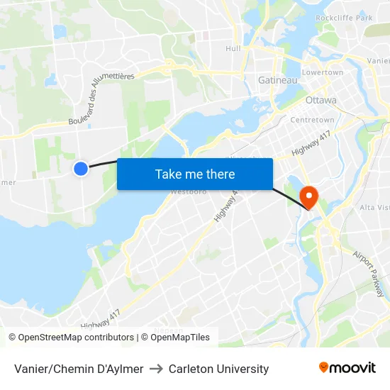 Vanier/Chemin D'Aylmer to Carleton University map