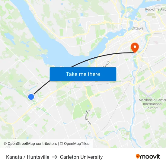 Kanata / Huntsville to Carleton University map