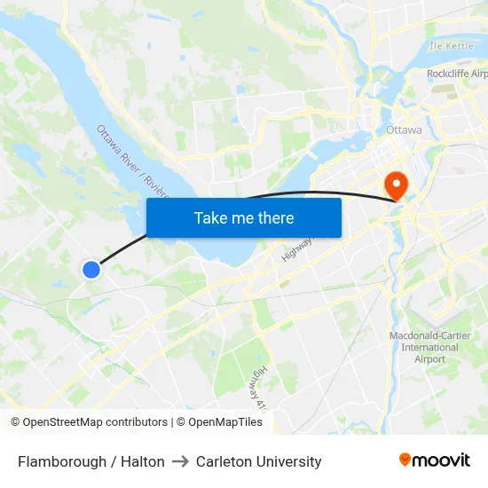 Flamborough / Halton to Carleton University map