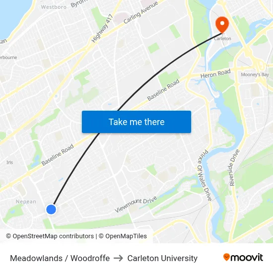 Meadowlands / Woodroffe to Carleton University map