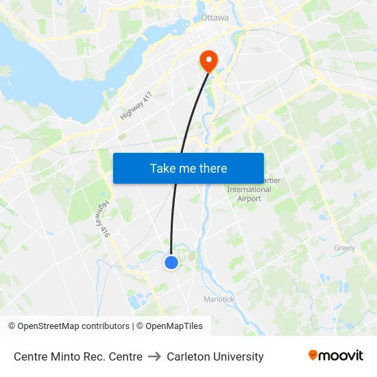 Centre Minto Rec. Centre to Carleton University map