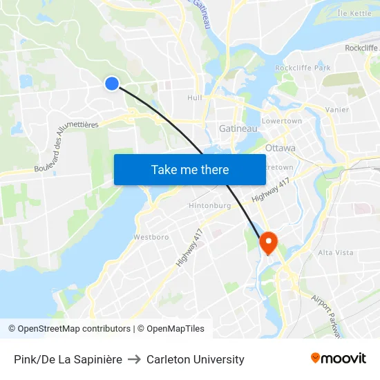 Pink/De La Sapinière to Carleton University map