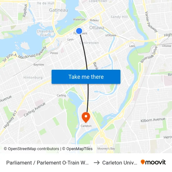 Parliament / Parlement O-Train West / Ouest to Carleton University map