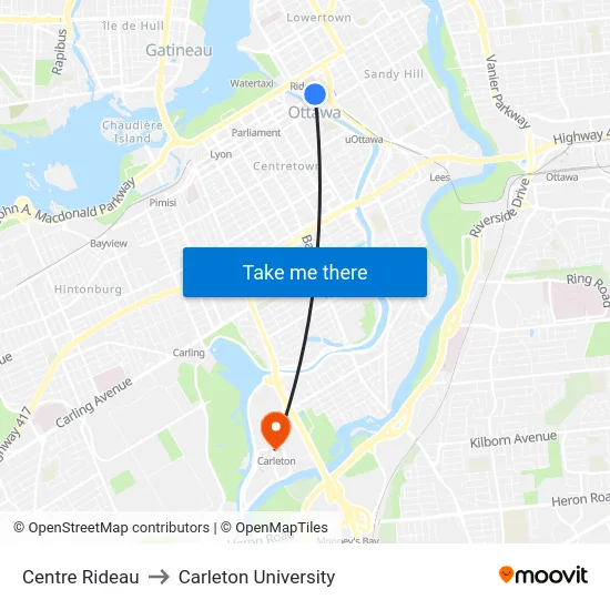 Centre Rideau to Carleton University map