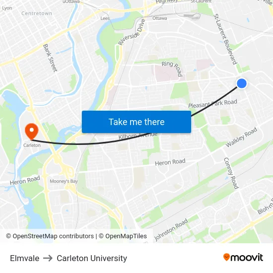 Elmvale to Carleton University map