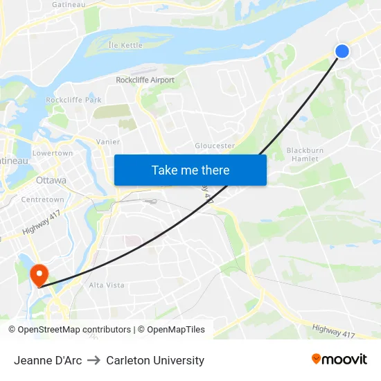 Jeanne D'Arc to Carleton University map