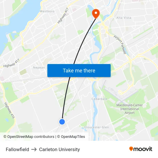 Fallowfield to Carleton University map