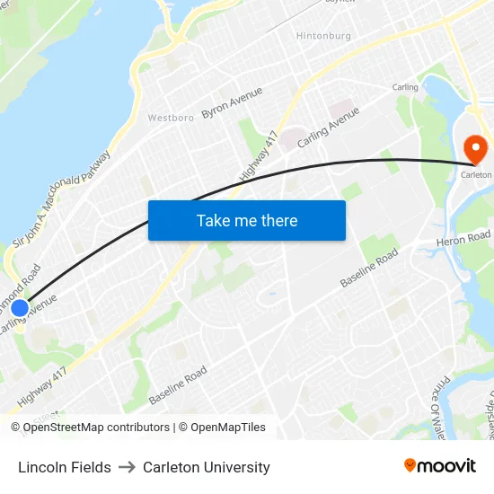 Lincoln Fields to Carleton University map