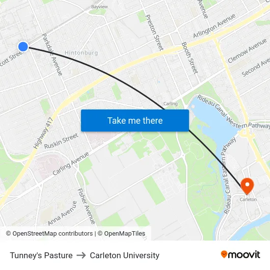 Tunney's Pasture to Carleton University map