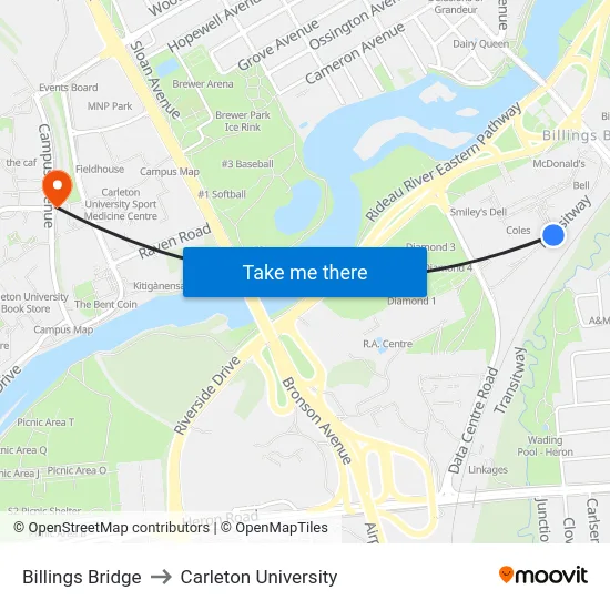 Billings Bridge to Carleton University map