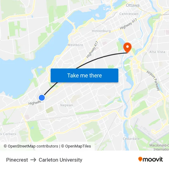 Pinecrest to Carleton University map