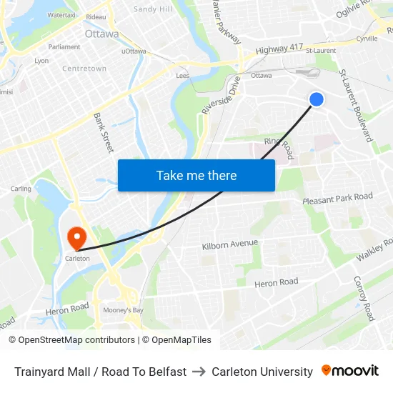 Trainyard Mall / Road To Belfast to Carleton University map