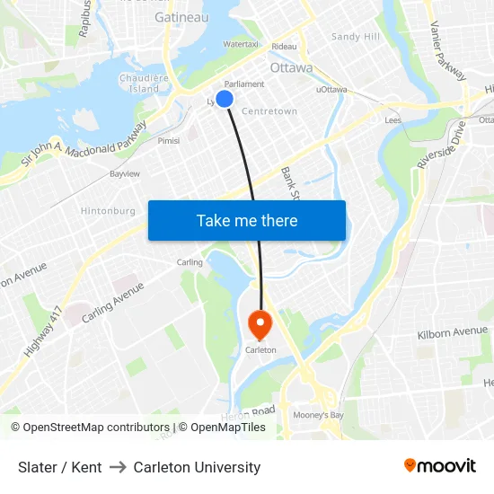 Slater / Kent to Carleton University map