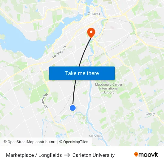 Marketplace / Longfields to Carleton University map