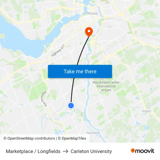 Marketplace / Longfields to Carleton University map