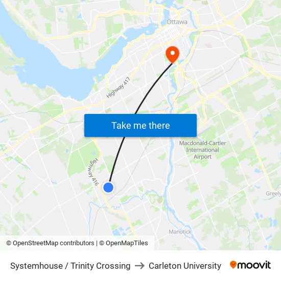 Systemhouse / Trinity Crossing to Carleton University map