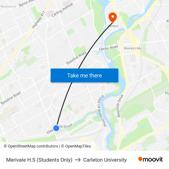 Merivale H.S (Students Only) to Carleton University map
