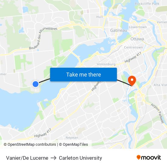 Vanier/De Lucerne to Carleton University map