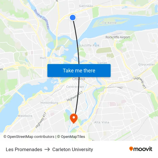 Les Promenades to Carleton University map